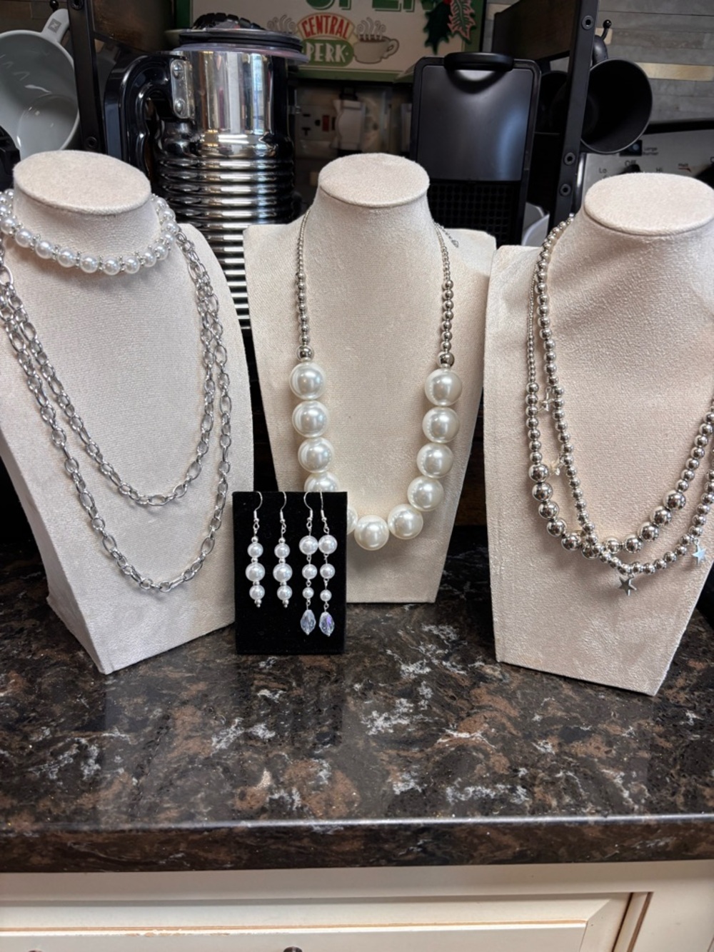 New Classic Faux Pearl and silver drop earrings on the left - White